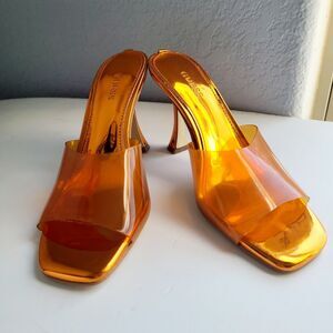Guess Womens Hambree 6 Square Toe Slip‎ On Slide Heels Shoes Orange FUNKY